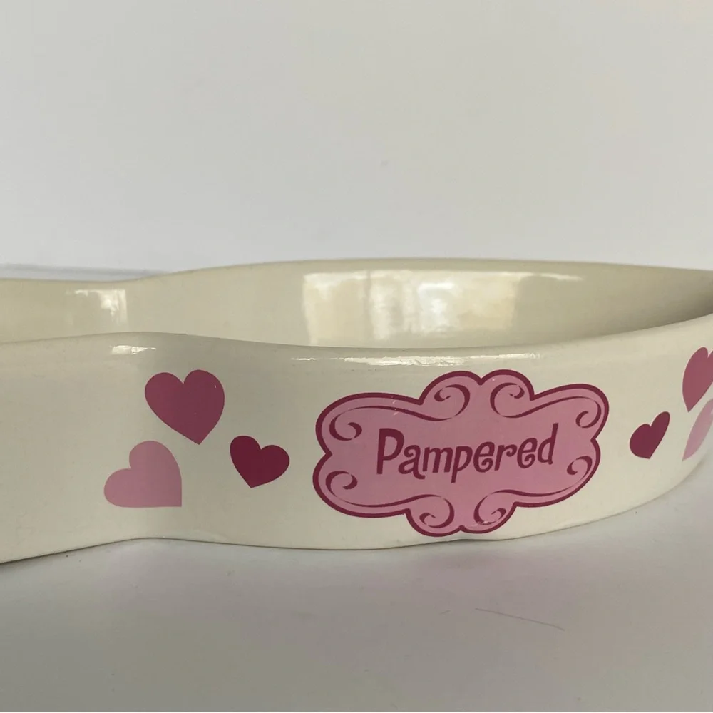 Cat Bowl Fish Shaped Ceramic “Pampered” White Pink. 8” Long Water Food Kitty